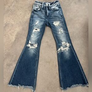 KanCan Distressed Wide Leg Jeans in Dark Blue